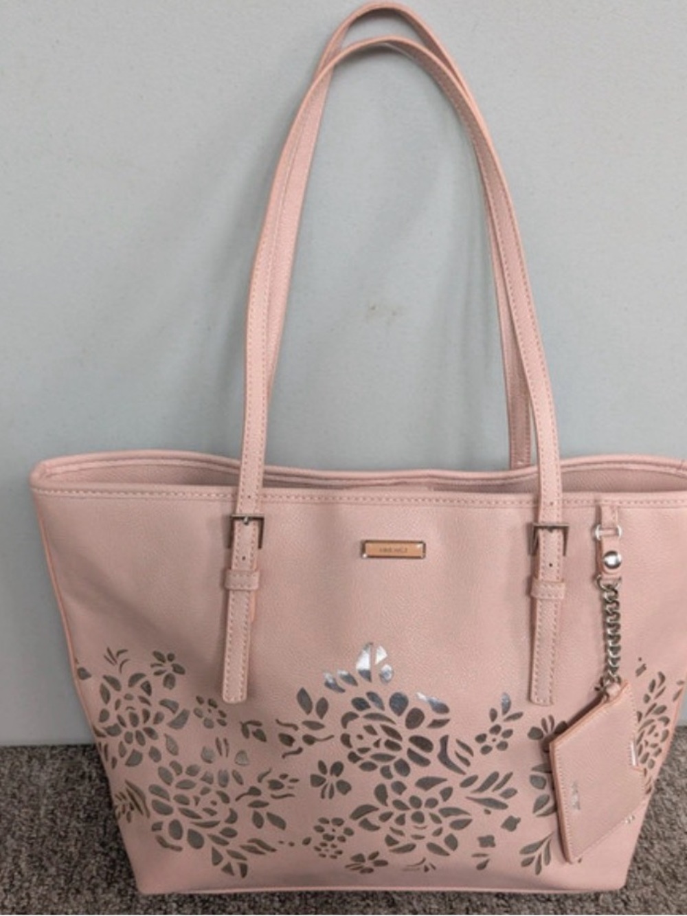 Nine West Pink Floral Silver Cutout Tote Bag